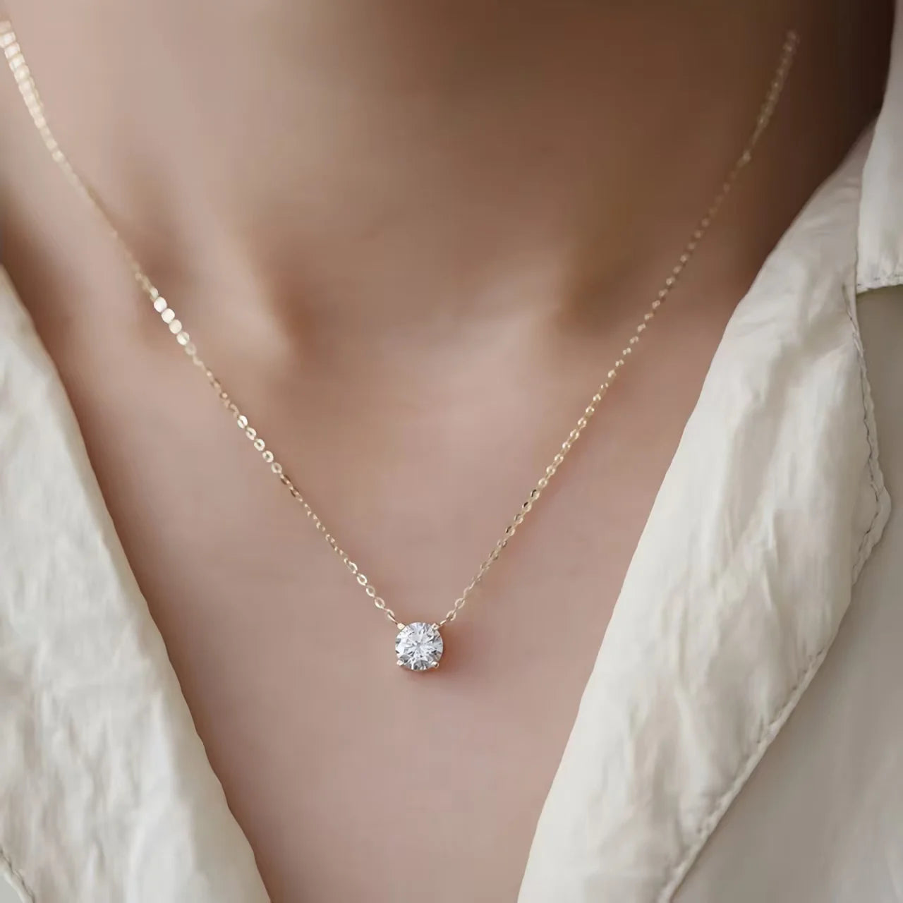 925 Sterling Silver 18K Gold-Plated Necklace Versatile Single Shiny Zircon Clavicle Chain Women's Wedding Jewelry