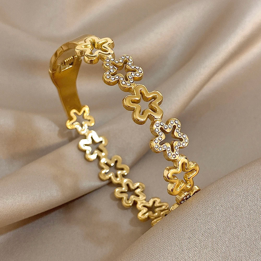 Nazakat Floral Rhinestone Cuff Bangle – Waterproof Stainless Steel Bracelet