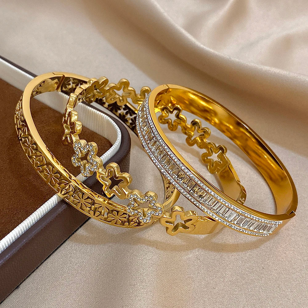Nazakat Floral Rhinestone Cuff Bangle – Waterproof Stainless Steel Bracelet