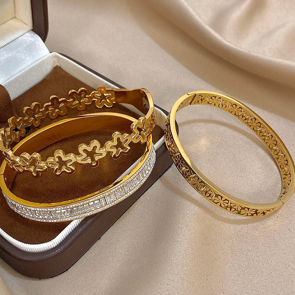 Nazakat Floral Rhinestone Cuff Bangle – Waterproof Stainless Steel Bracelet