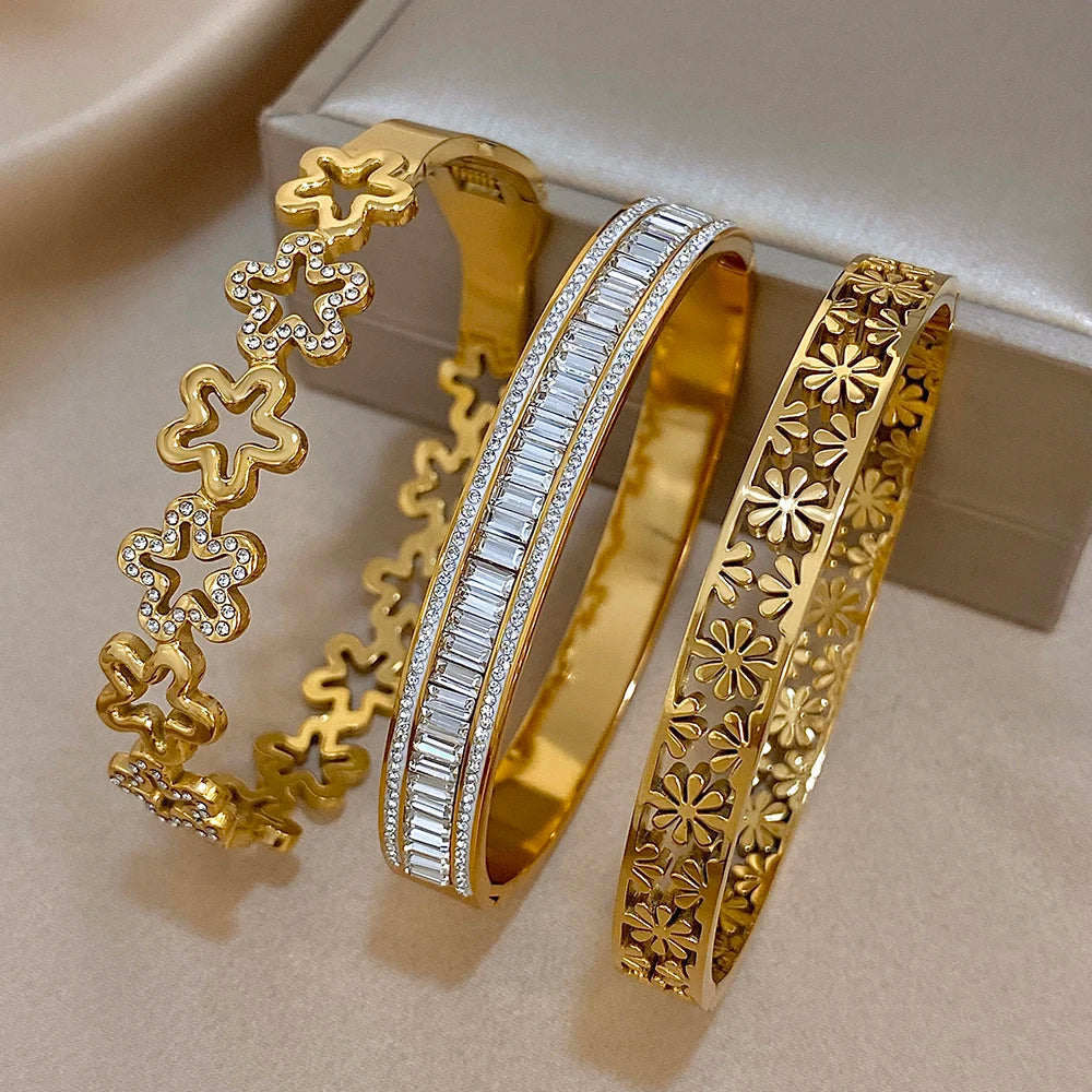 Nazakat Floral Rhinestone Cuff Bangle – Waterproof Stainless Steel Bracelet