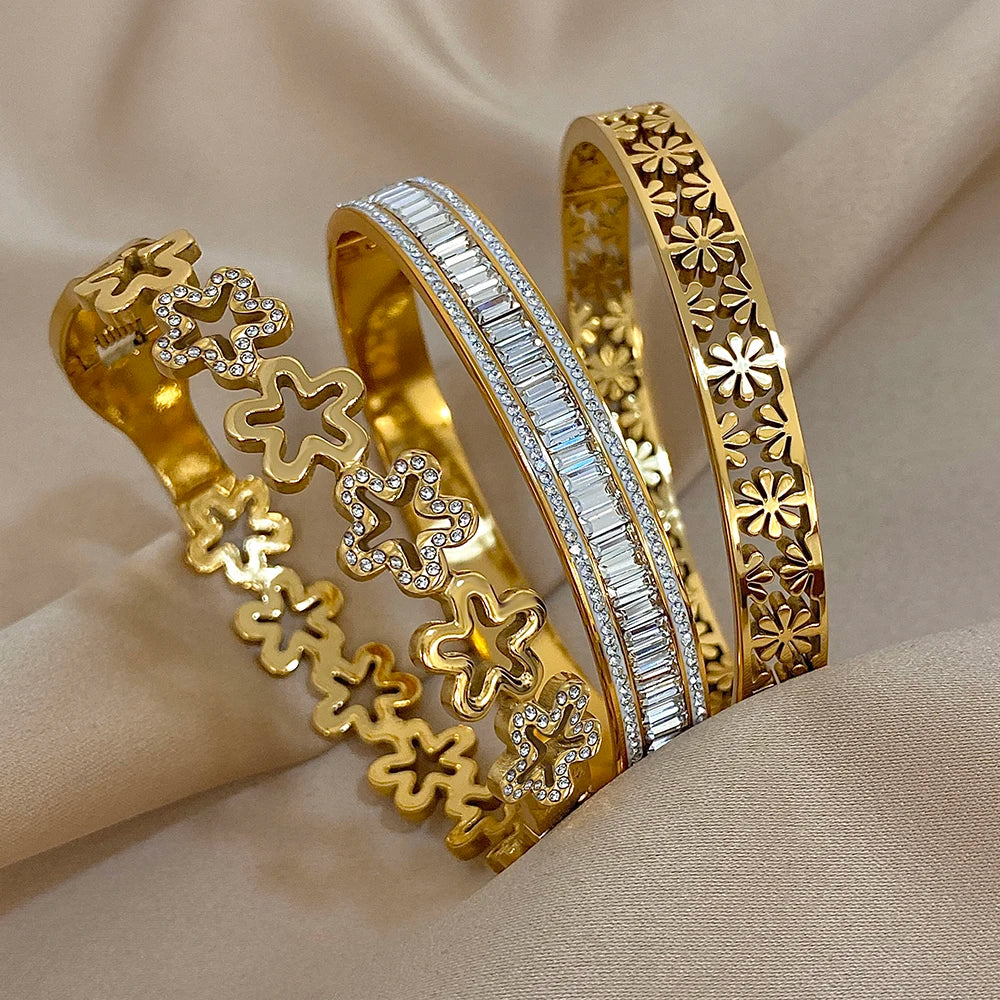 Nazakat Floral Rhinestone Cuff Bangle – Waterproof Stainless Steel Bracelet