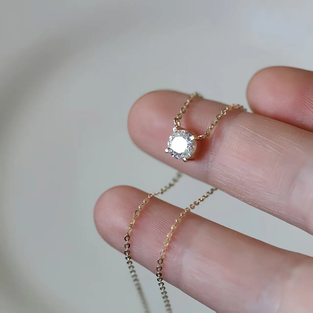 925 Sterling Silver 18K Gold-Plated Necklace Versatile Single Shiny Zircon Clavicle Chain Women's Wedding Jewelry