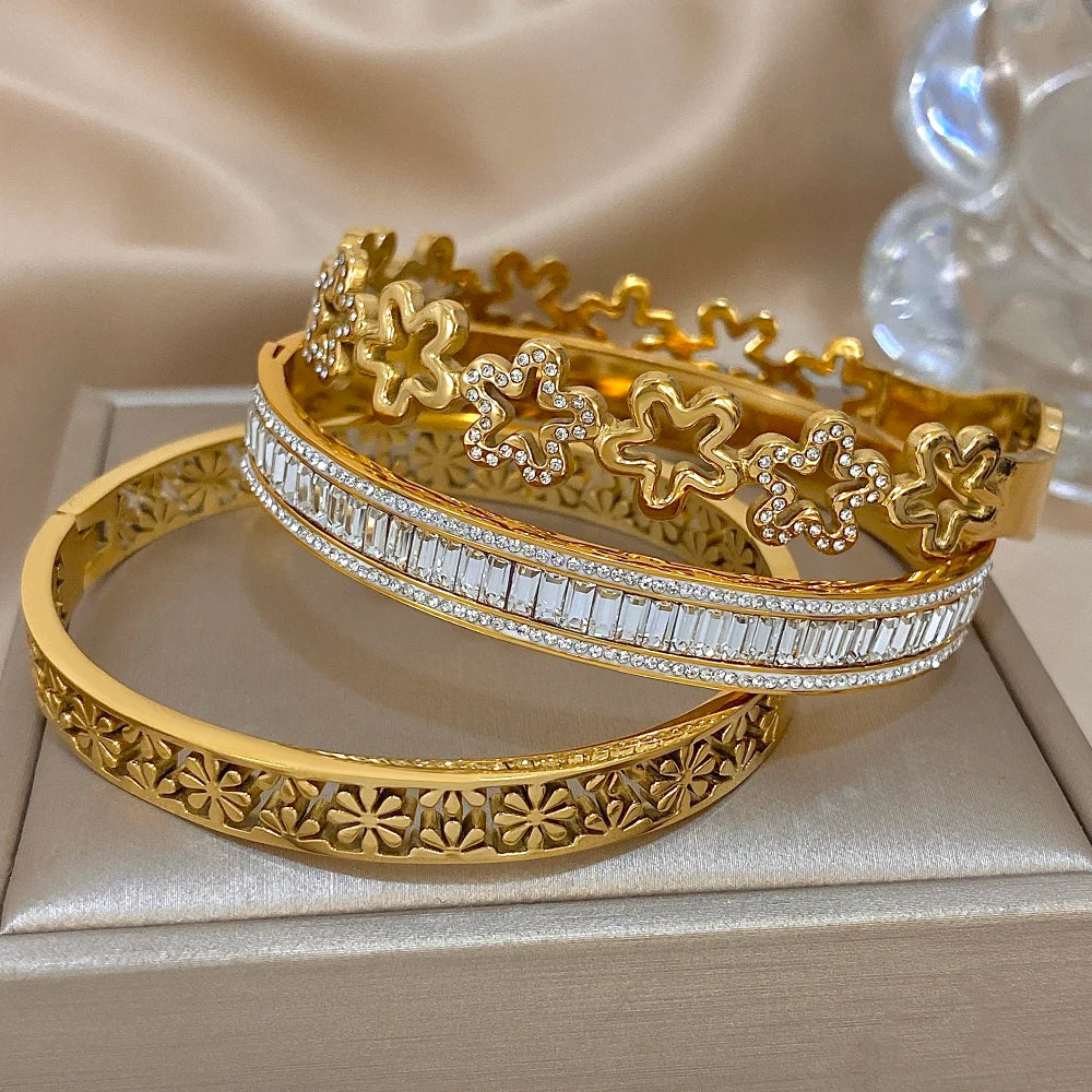 Nazakat Floral Rhinestone Cuff Bangle – Waterproof Stainless Steel Bracelet