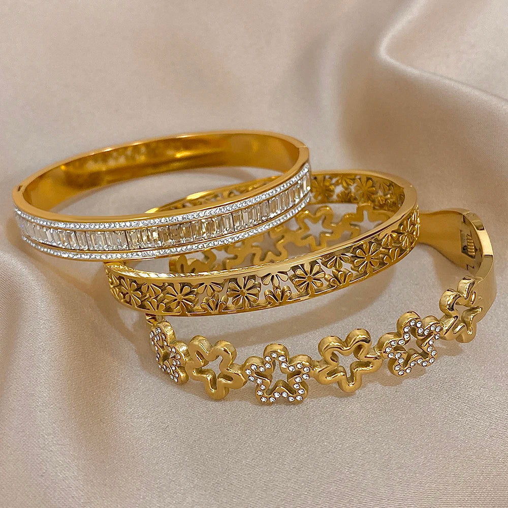 Nazakat Floral Rhinestone Cuff Bangle – Waterproof Stainless Steel Bracelet